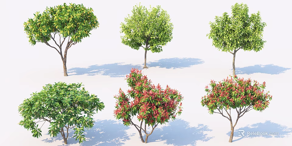 Diverse Arbor Trees With Green And Red Foliage In Different Shapes 3d model 