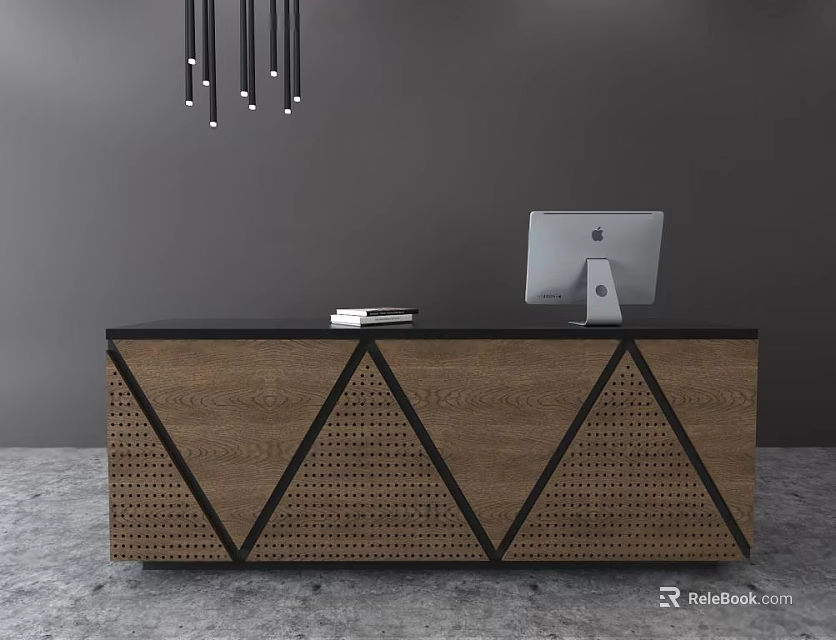 Modern Reception Desk With Black Top Wooden Panel Geometric Pattern And Computer Monitor 3d model 