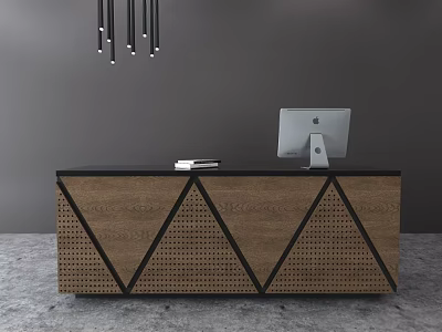 Modern Reception Desk With Black Top Wooden Panel Geometric Pattern And Computer Monitor 3d model