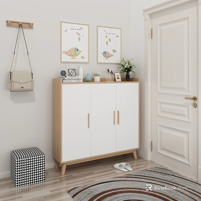 Modern White And Wooden Shoe Cabinet In Entryway With Decorative Art And Stool 3d model 