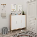 Modern White And Wooden Shoe Cabinet In Entryway With Decorative Art And Stool