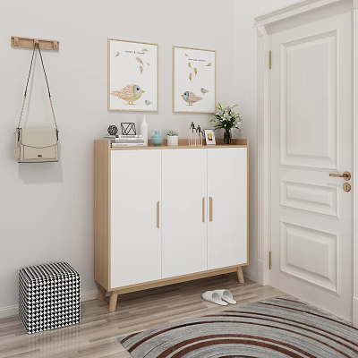 Modern White And Wooden Shoe Cabinet In Entryway With Decorative Art And Stool 3d model