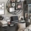 Modern Work Desk Setup With Laptop Bookshelf Office Chair And Decorative Items