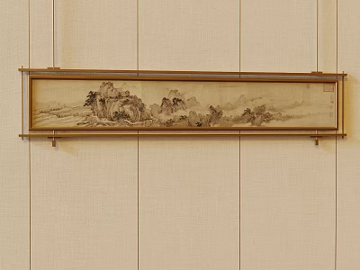 Traditional Long Rectangular Picture Frame with Landscape Painting Hanging on Beige Wall 3d model