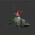 Game Movie Fantasy Character With Red Hair Green Dress On Water Lily Pads And Rock