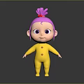 Cute 3D Cartoon Character With Pink Hair Red Bun Yellow Onesie And Red Buttons