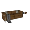 Black And Brown Leather Two Seater Sofa With Metal Frame Striped Blanket And Pillow