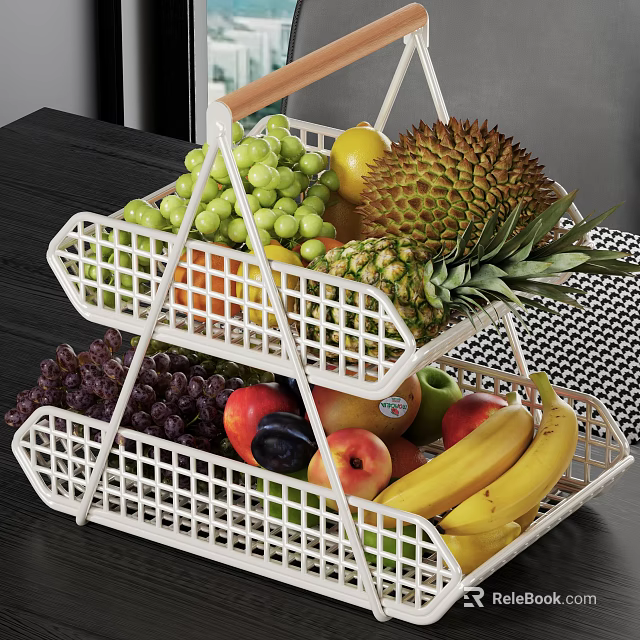 Two Tiered White Fruit Basket Filled With Assorted Fruits Green Grapes Durian Pineapple Bananas Apples 3d model 