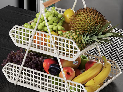 Two Tiered White Fruit Basket Filled With Assorted Fruits Green Grapes Durian Pineapple Bananas Apples 3d model