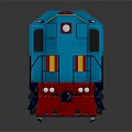 Blue and Yellow Train Model with Red Front Gray Roof on Reflective Surface 3d model