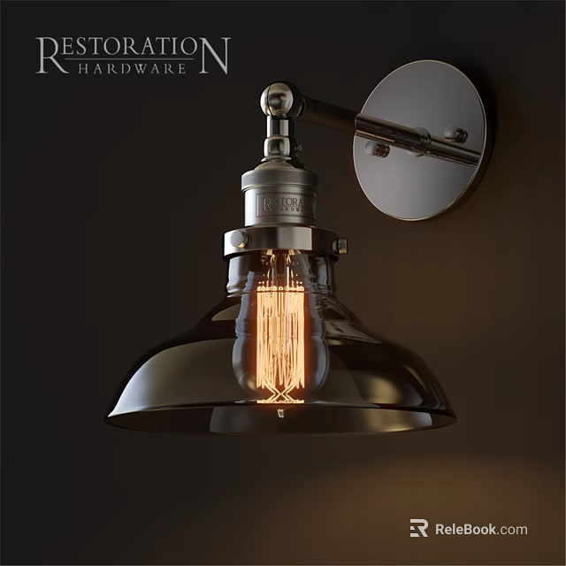 Vintage Industrial Wall Light with Metal Shade and Edison Filament Bulb Mounted on Dark Wall 3d model 
