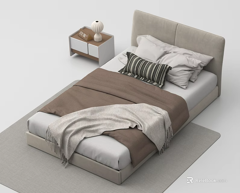 Cozy Single Bed with Beige Headboard Nightstand Pillows Brown Blanket and Gray Rug 3d model 