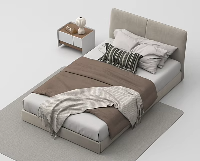 Cozy Single Bed with Beige Headboard Nightstand Pillows Brown Blanket and Gray Rug 3d model