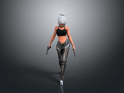 3D Female Character Model With Silver White Short Hair Black Sports Bra And Dual Guns 3d model
