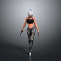 3D Female Character Model With Silver White Short Hair Black Sports Bra And Dual Guns