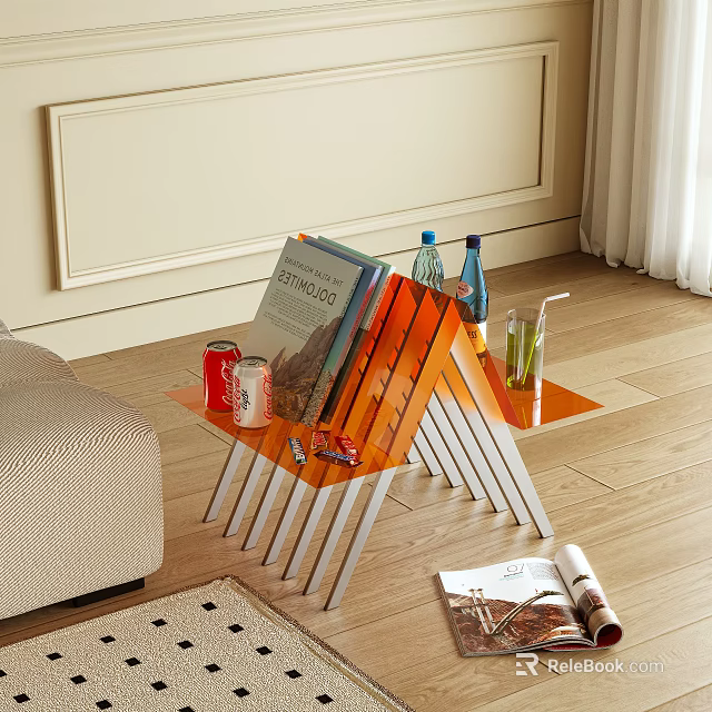 Modern Stacked Orange Side Table With Books Drinks And Sofa In Living Room 3d model 