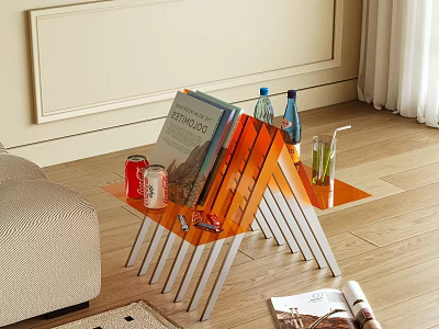 Modern Stacked Orange Side Table With Books Drinks And Sofa In Living Room 3d model
