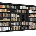 Large Black Bookshelf Filled with Books and Sculpture Head Decoration