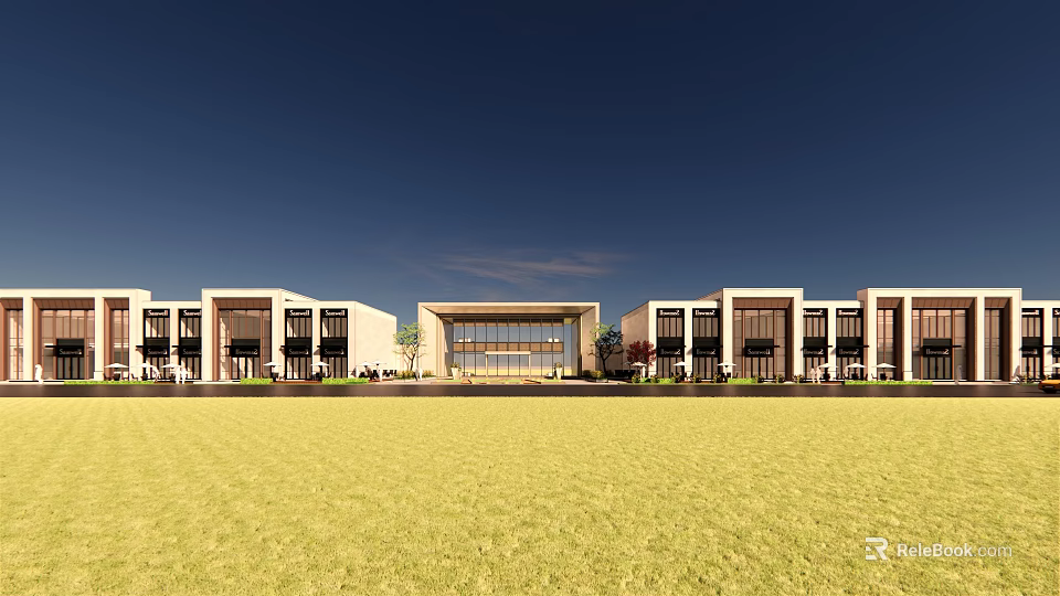 Modern Commercial Street With Symmetric Buildings Glass Entrance And Open Lawn 3d model 