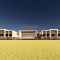 Modern Commercial Street With Symmetric Buildings Glass Entrance And Open Lawn