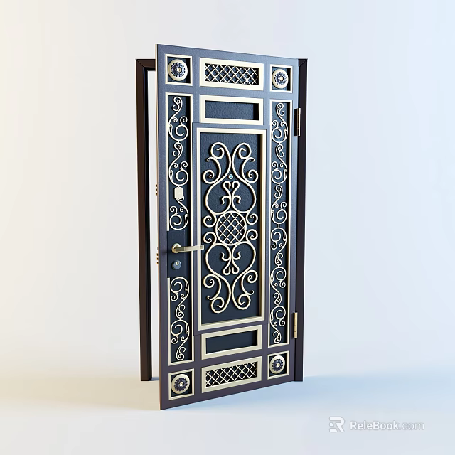Ornate Decorative Entrance Door With Intricate Metal Patterns Black Frame And Gold Accents 3d model 