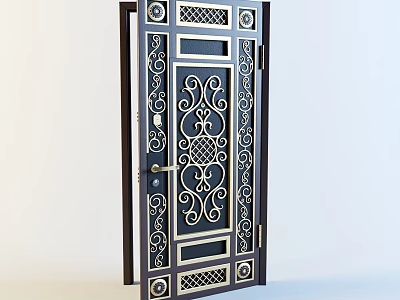Ornate Decorative Entrance Door With Intricate Metal Patterns Black Frame And Gold Accents 3d model