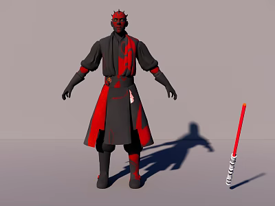 Man In Black And Red Robe With Red Horns And Red Lightsaber 3d model