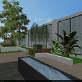 Modern Water Fountain Feature In Outdoor Terrace With Green Plants And Glass Building Design