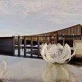 Modern Architectural Landscape With Reflective Pool Transparent Sculptures Green Lawn And Roof Top Plants