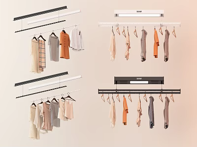 Various Style Clothing Racks With Hanging Clothes 3d model