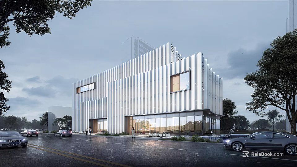 Modern Sales Office Building with Striped Glass Facade on Street with Vehicles and Trees 3d model 