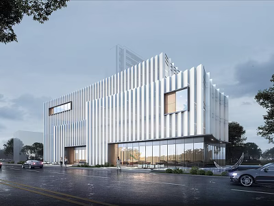 Modern Sales Office Building with Striped Glass Facade on Street with Vehicles and Trees 3d model
