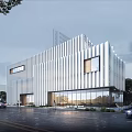 Modern Sales Office Building with Striped Glass Facade on Street with Vehicles and Trees