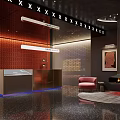 Elegant Modern Hotel Lobby Interior With Wooden Panel Walls Red Sculpture And Ambient Lighting