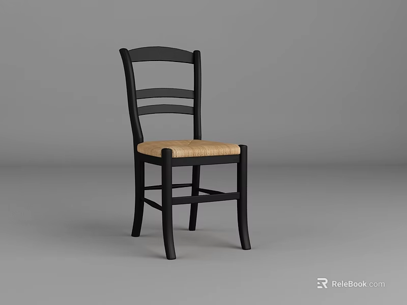 Black Casual Chair With Slatted Backrest And Rattan Seat For Indoor Use 3d model 