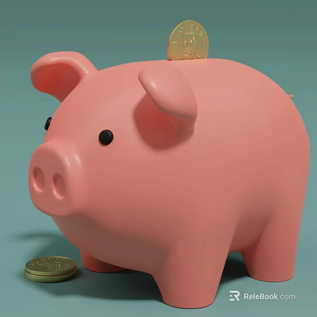 Pink Piggy Bank With Gold Coin On Top And Coins Beside 3d model 