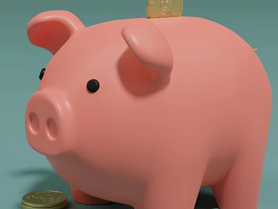 Pink Piggy Bank With Gold Coin On Top And Coins Beside 3d model