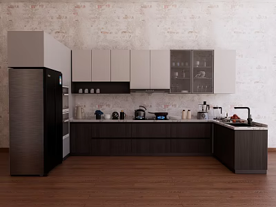 Fresh Food Preparation In Modern Kitchen With Dark Cabinets And Stainless Steel Refrigerator 3d model
