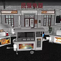 Public Food Carts in Front of Old Style Building With Red Umbrella and Cobblestone Pavement