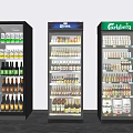 Beverage Display Refrigerators Stocked With Bottled Drinks Including Corona And Carlsberg Products