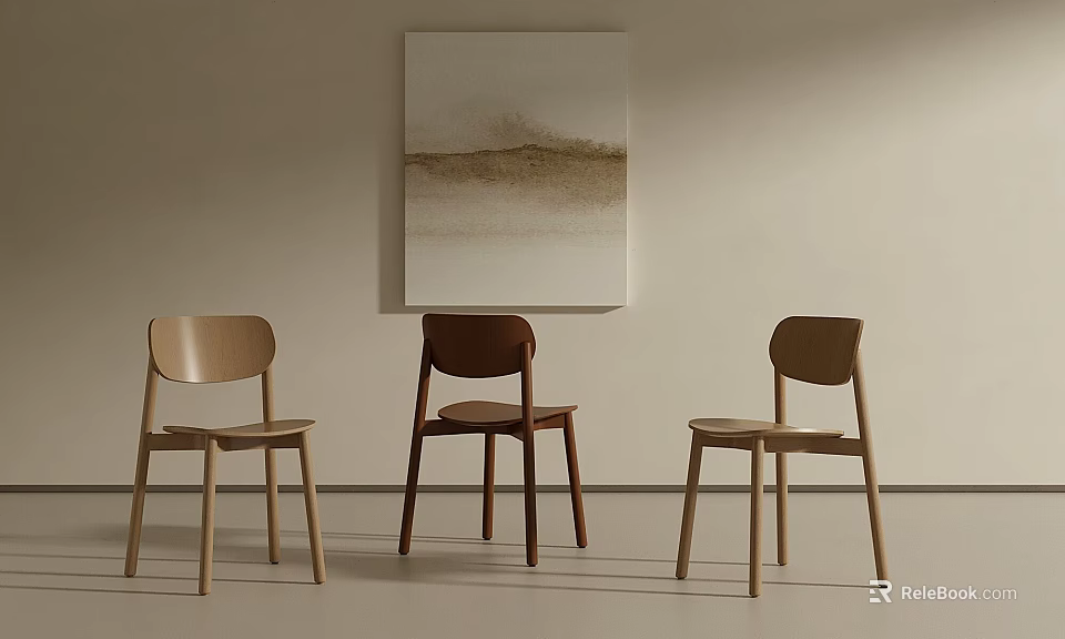 Minimalist Modern Dining Chairs in Light and Dark Wood Tones Against Light Wall with Abstract Painting 3d model 
