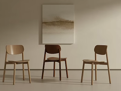 Minimalist Modern Dining Chairs in Light and Dark Wood Tones Against Light Wall with Abstract Painting 3d model