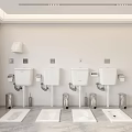 Modern Public Restroom With Multiple White Squat Toilets And Flush Valves 3d model
