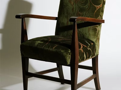 Vintage Accent Chair With Green Velvet Fabric Gold Patterns And Dark Wooden Arms Legs 3d model