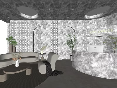 Elegant Modern Beauty Salon Interior Design With Marble Reception Curved Walls And Plants 3d model
