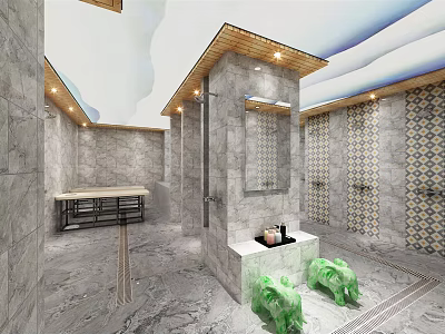 Luxurious SPA Sauna Interior With Gray Marble Walls Wooden Ceiling And Green Decorative Sculptures 3d model