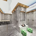 Luxurious SPA Sauna Interior With Gray Marble Walls Wooden Ceiling And Green Decorative Sculptures