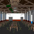 Sunlit Spacious Banquet Hall Interior With Wooden Roof Large Windows And Long Tables