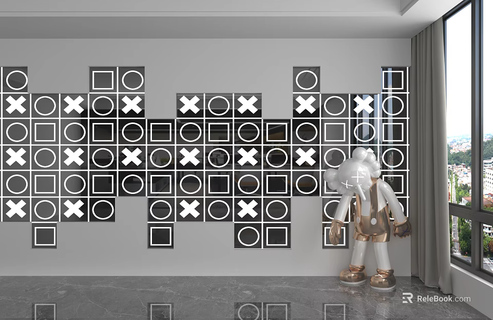 Modern Patterned Background Wall with Black White Squares Circles X Design in Interior Beside Sculpture 3d model 