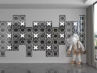 Modern Patterned Background Wall with Black White Squares Circles X Design in Interior Beside Sculpture 3d model